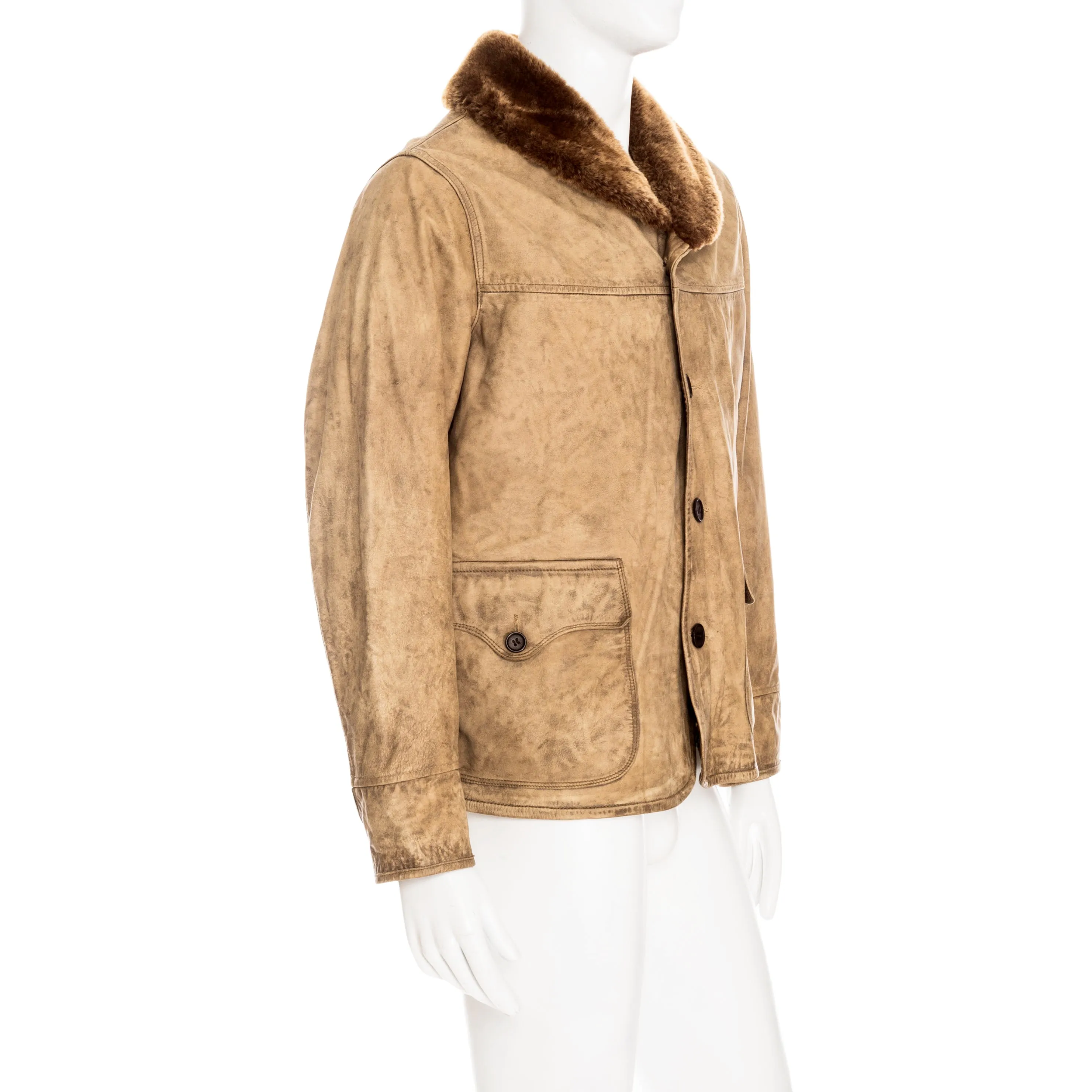 RRL Brown Leather Shearling-Collar Jacket