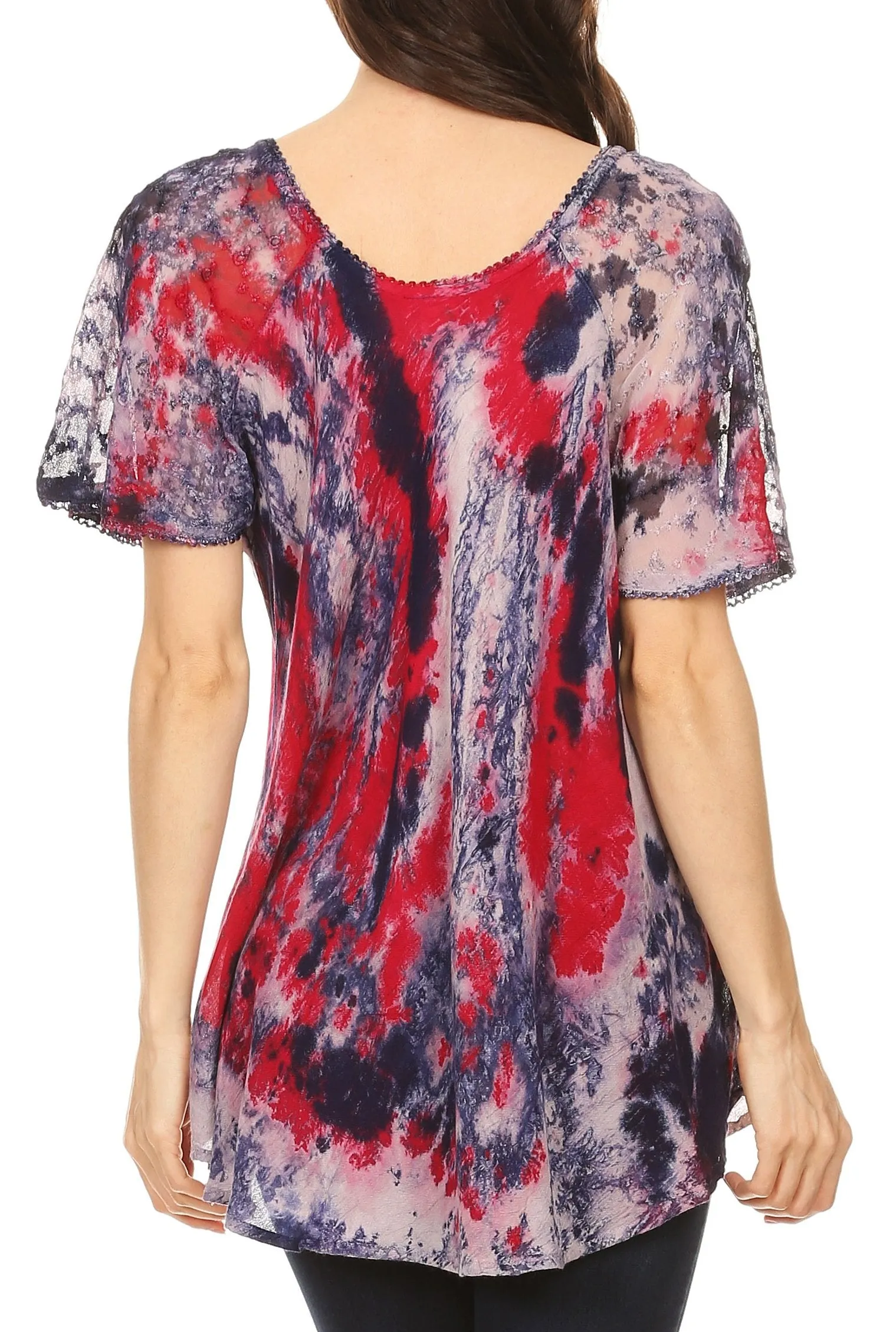 Sakkas Celia Marble Batik Short Sleeve Blouse/Top with Embroidery and Crochet