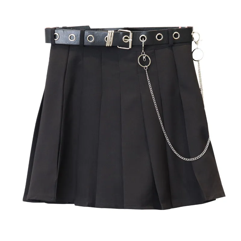 Sale Grunge Black High Waist Pleated Skirt With Chain Belt