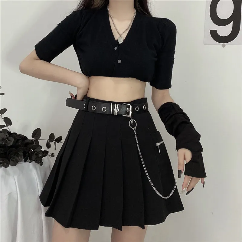 Sale Grunge Black High Waist Pleated Skirt With Chain Belt