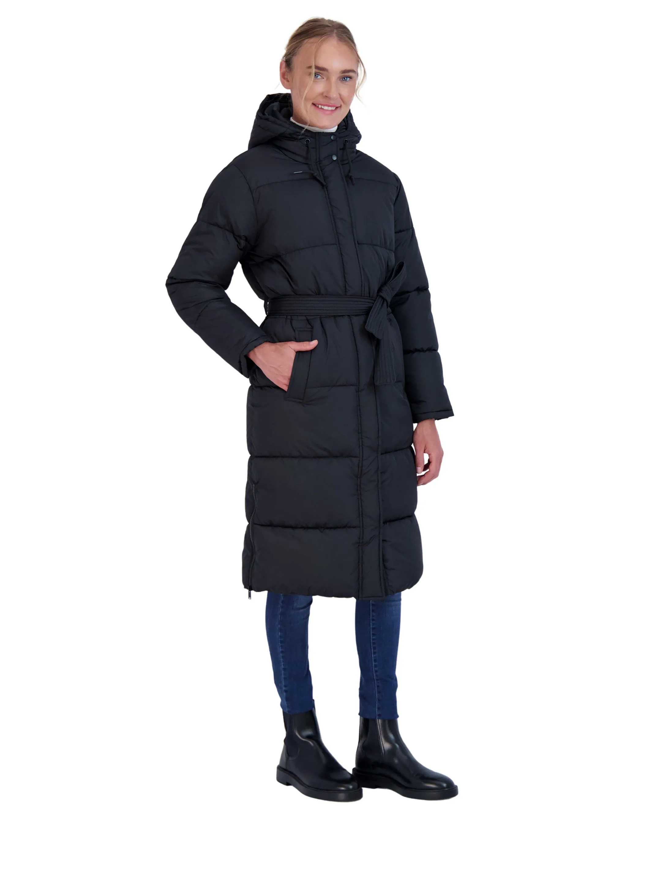 Sebby Collection Women's Long Puffer Jacket with Hood and Belt