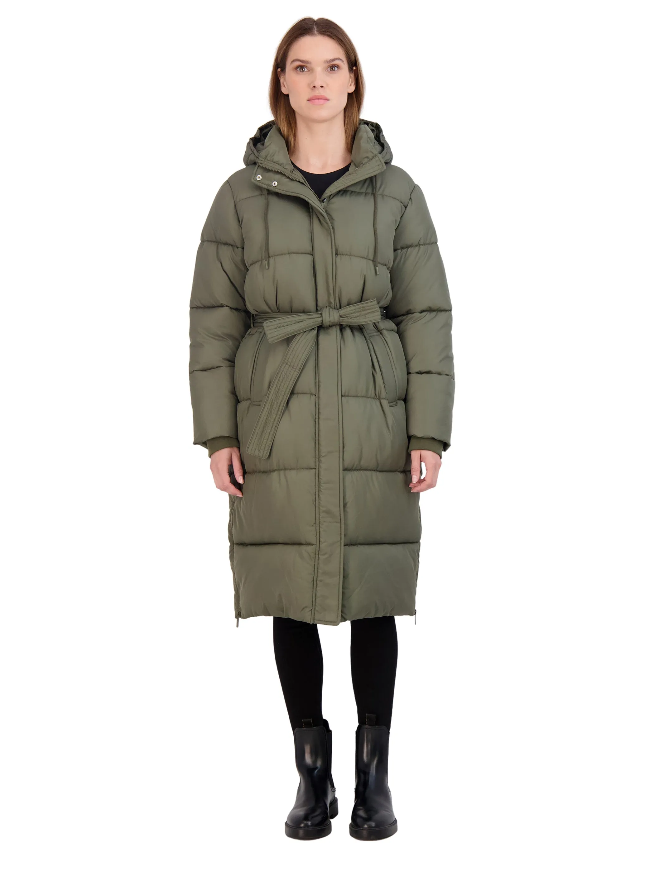 Sebby Collection Women's Long Puffer Jacket with Hood and Belt