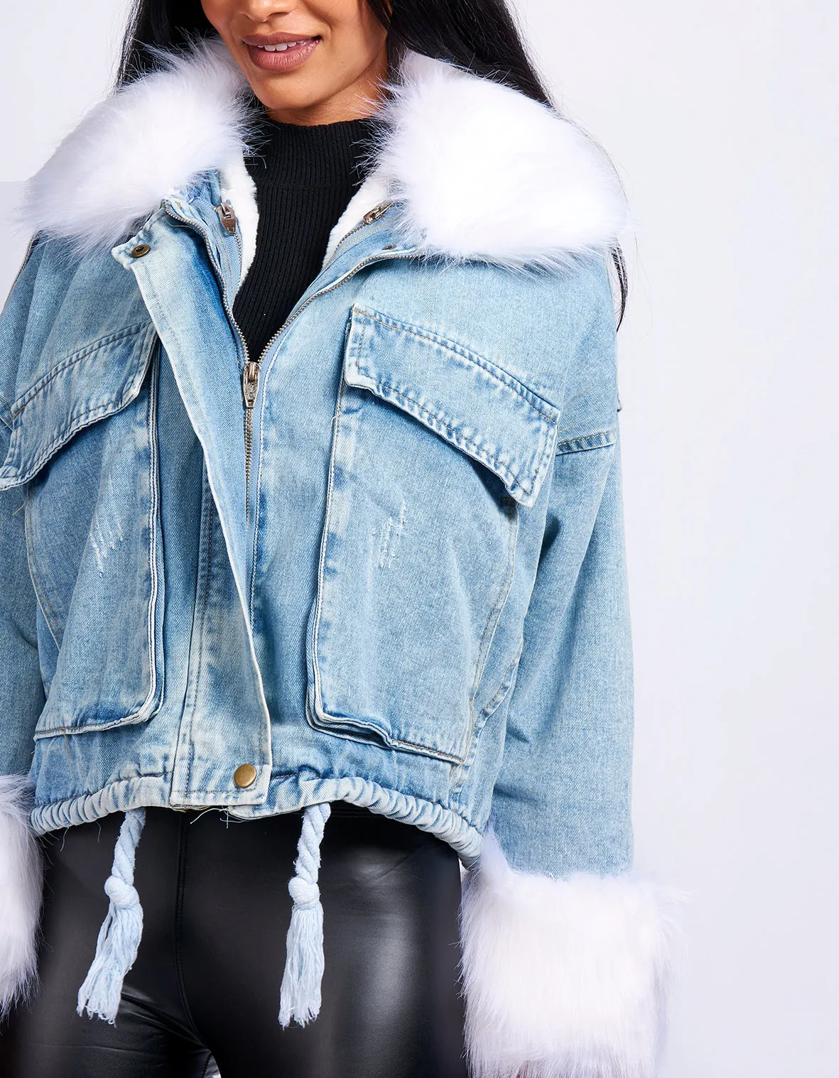 SHORT DENIM JACKET WITH WHITE FAUX FUR TRIM