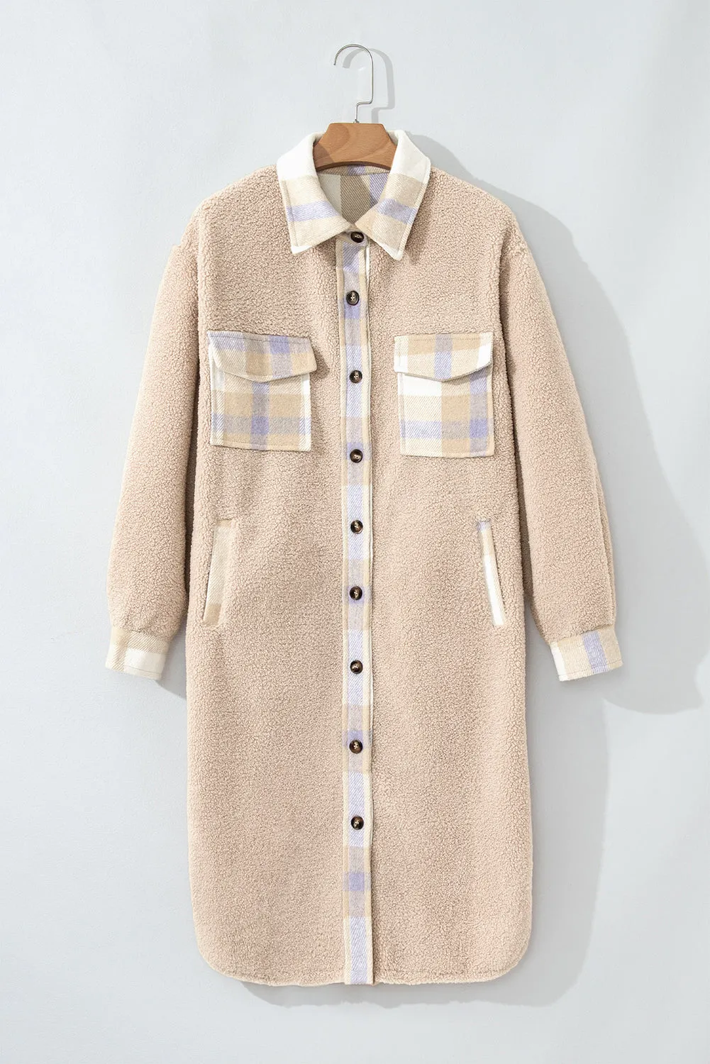 Smoke Gray Plaid Patchwork Collared Button-up Sherpa Long Coat