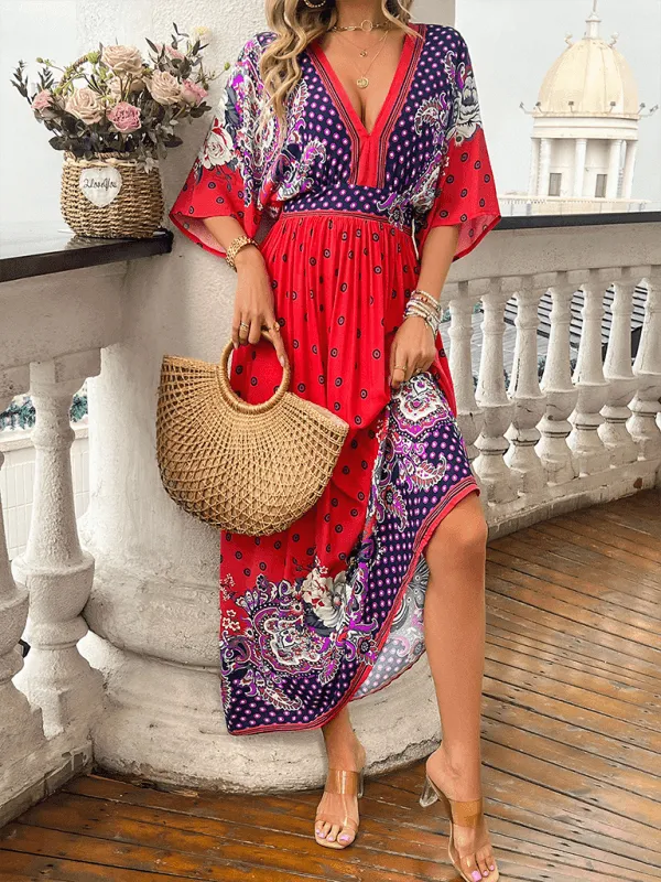 Sun-Kissed Style: V-Neck Printed Maxi Skirt