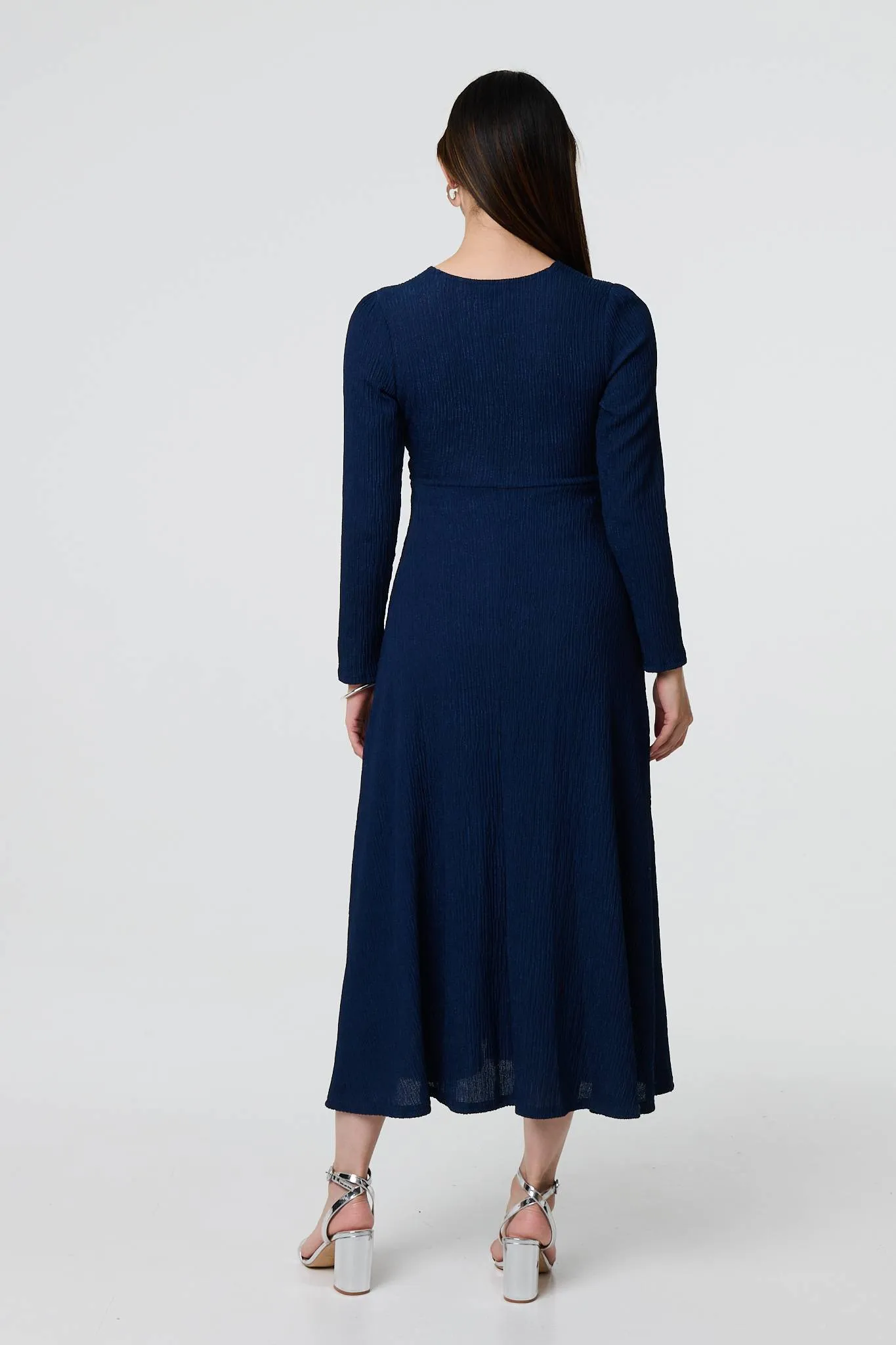 Textured Ruched Long Sleeve Midi Dress