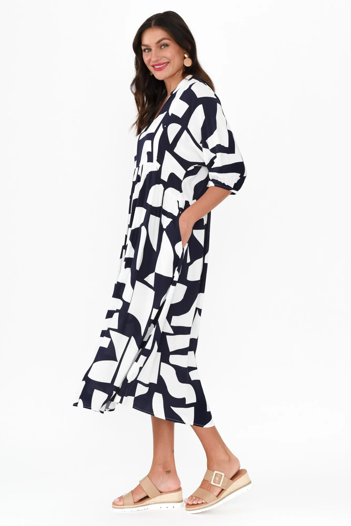 Trey Navy Abstract Midi Dress