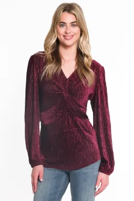 TWIST FRONT PLEATED KNIT TOP - Wine