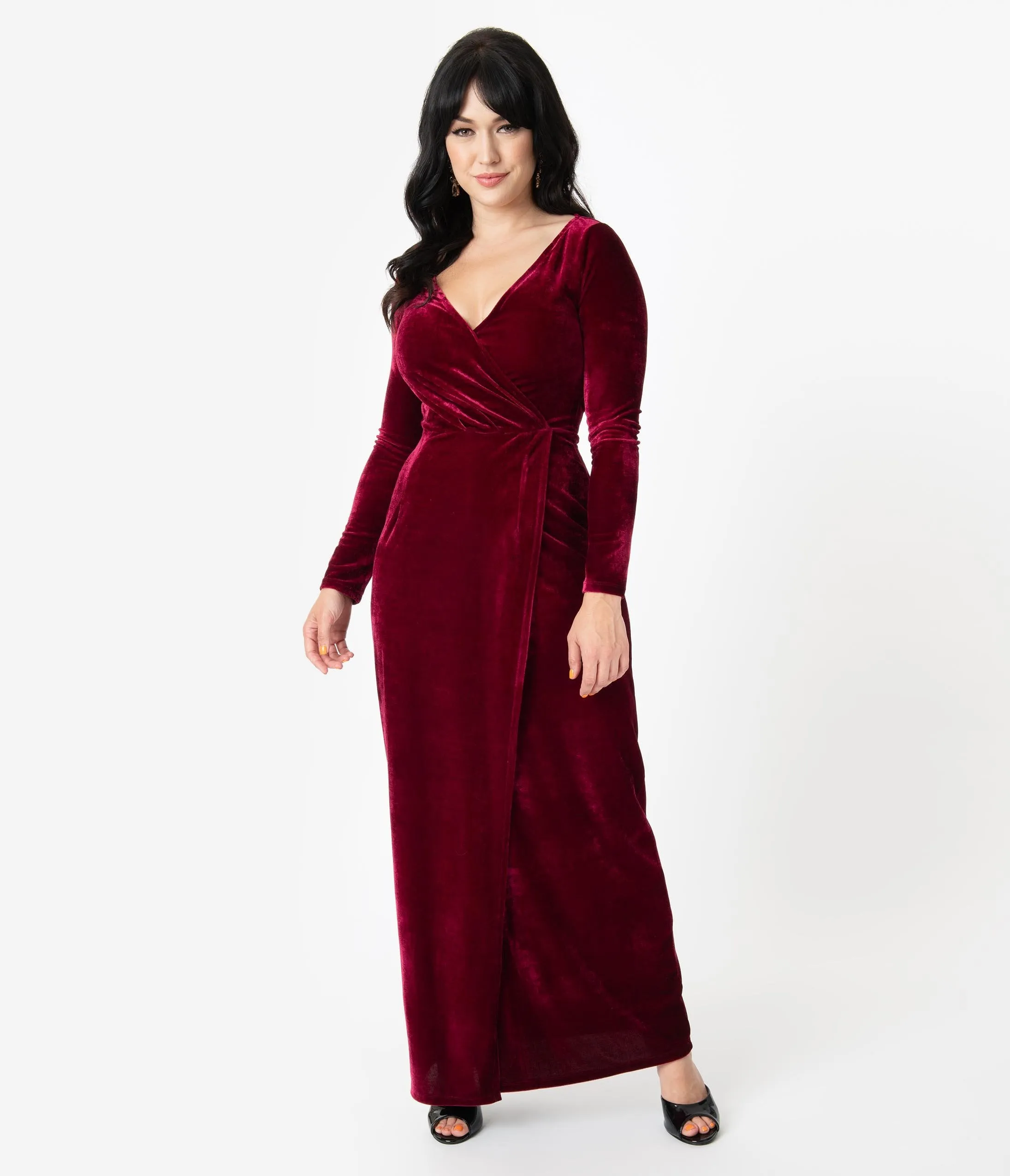 Unique Vintage Merlot Red Velvet Sleeved Warner Faux Wrap Dress