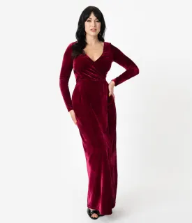 Unique Vintage Merlot Red Velvet Sleeved Warner Faux Wrap Dress