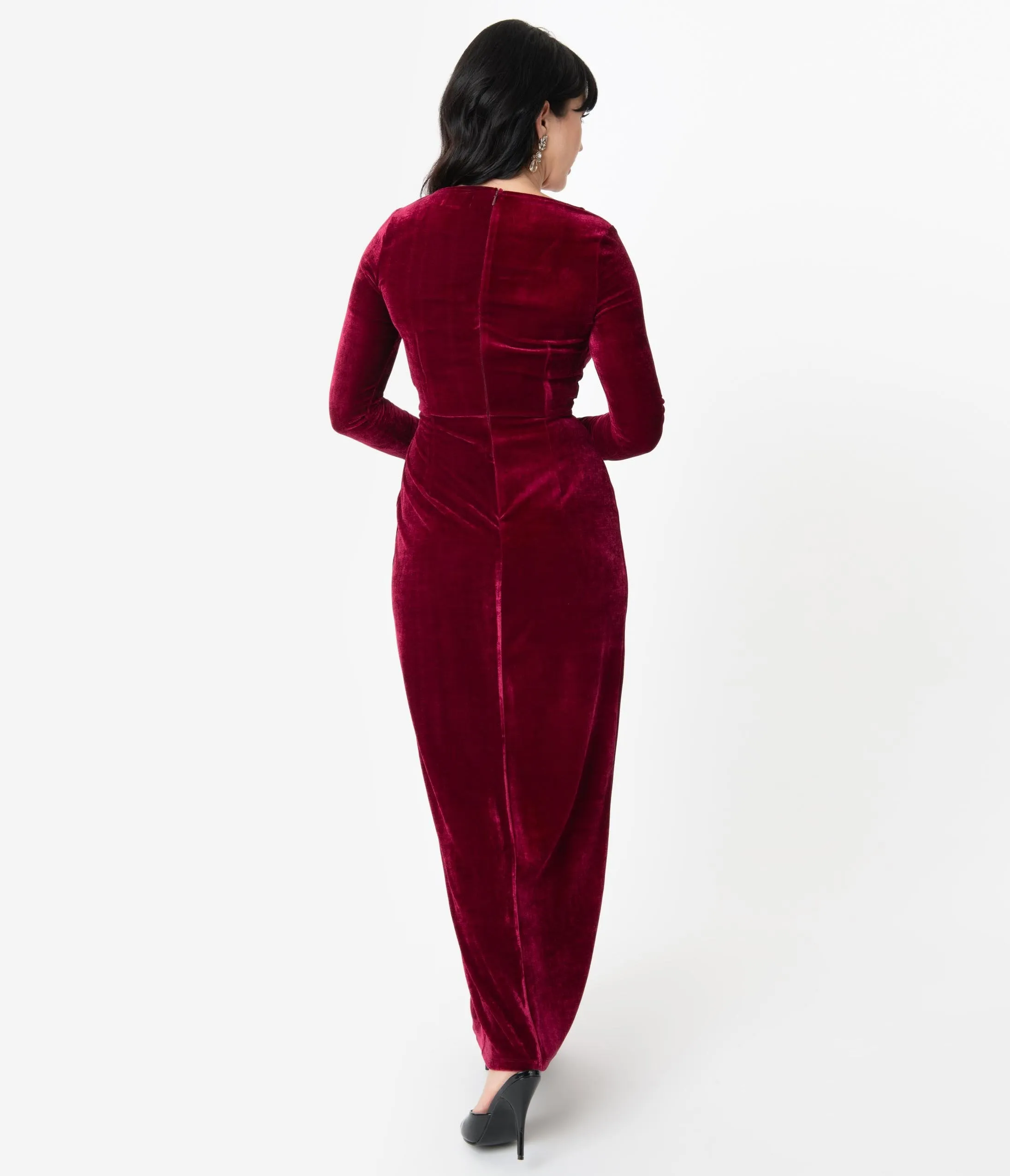 Unique Vintage Merlot Red Velvet Sleeved Warner Faux Wrap Dress