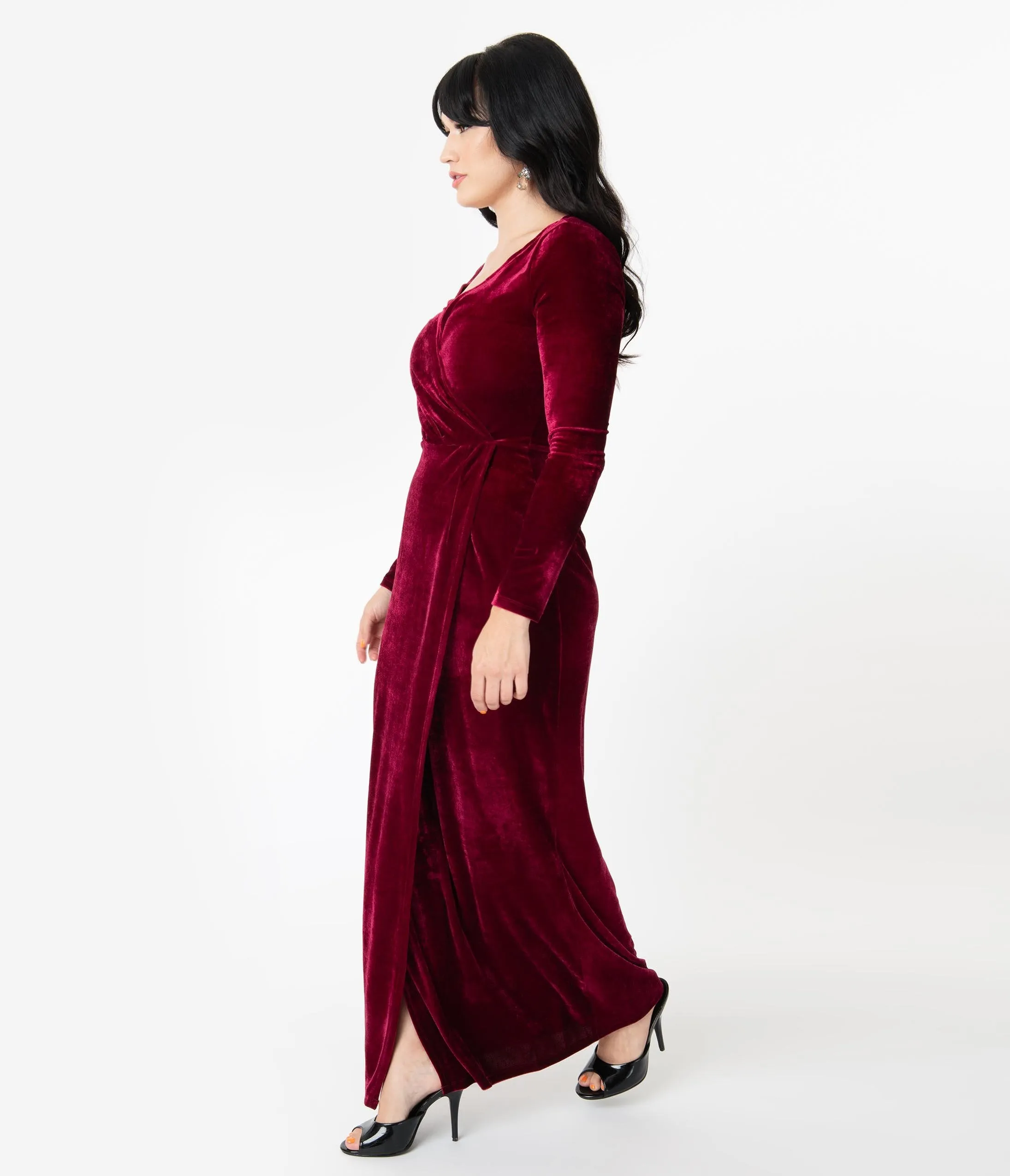 Unique Vintage Merlot Red Velvet Sleeved Warner Faux Wrap Dress