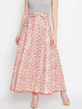 Women Off-White Red And Brown Printed Flared Maxi Skirt