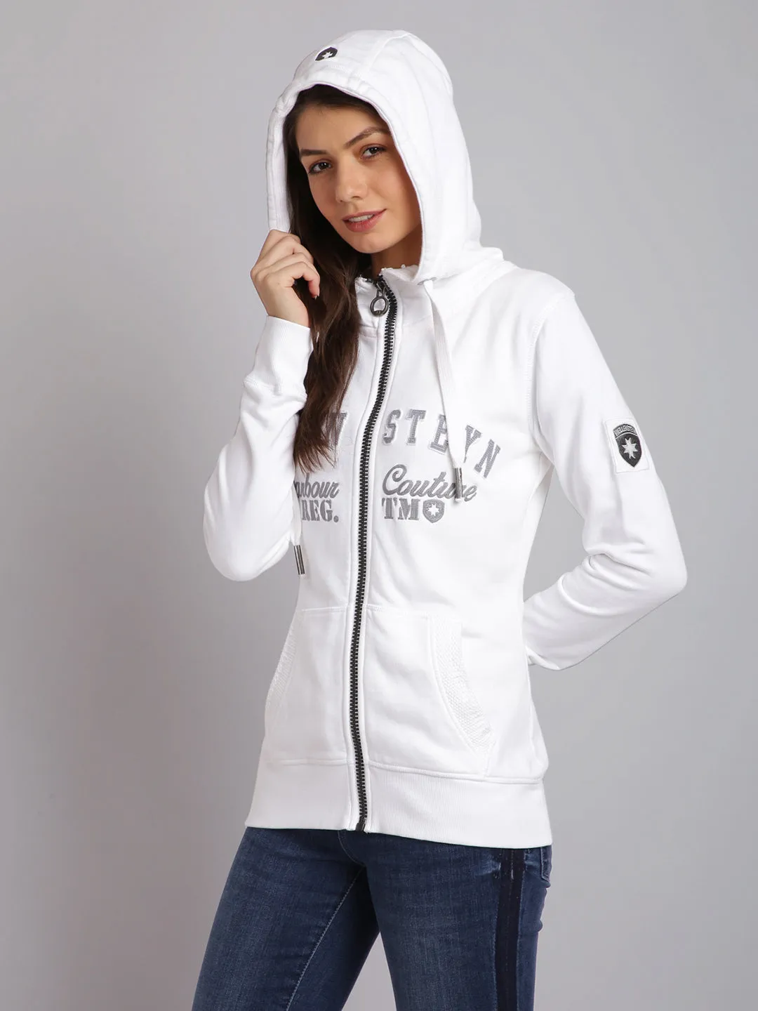 Women White Embroidered Zip Hooded Sweatshirt