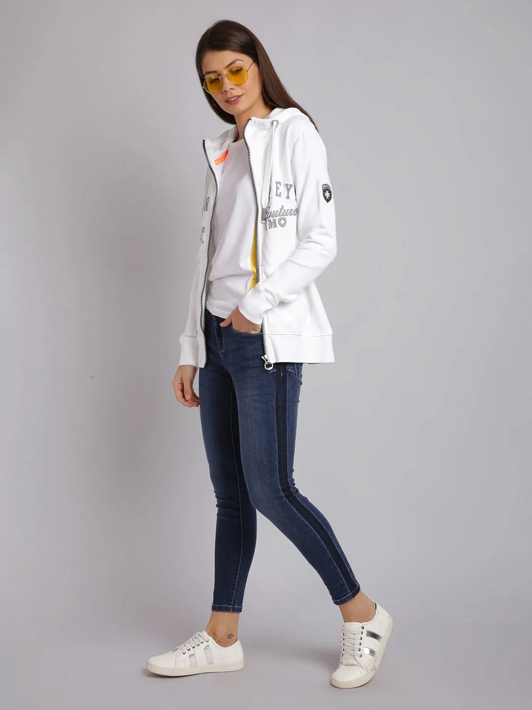 Women White Embroidered Zip Hooded Sweatshirt