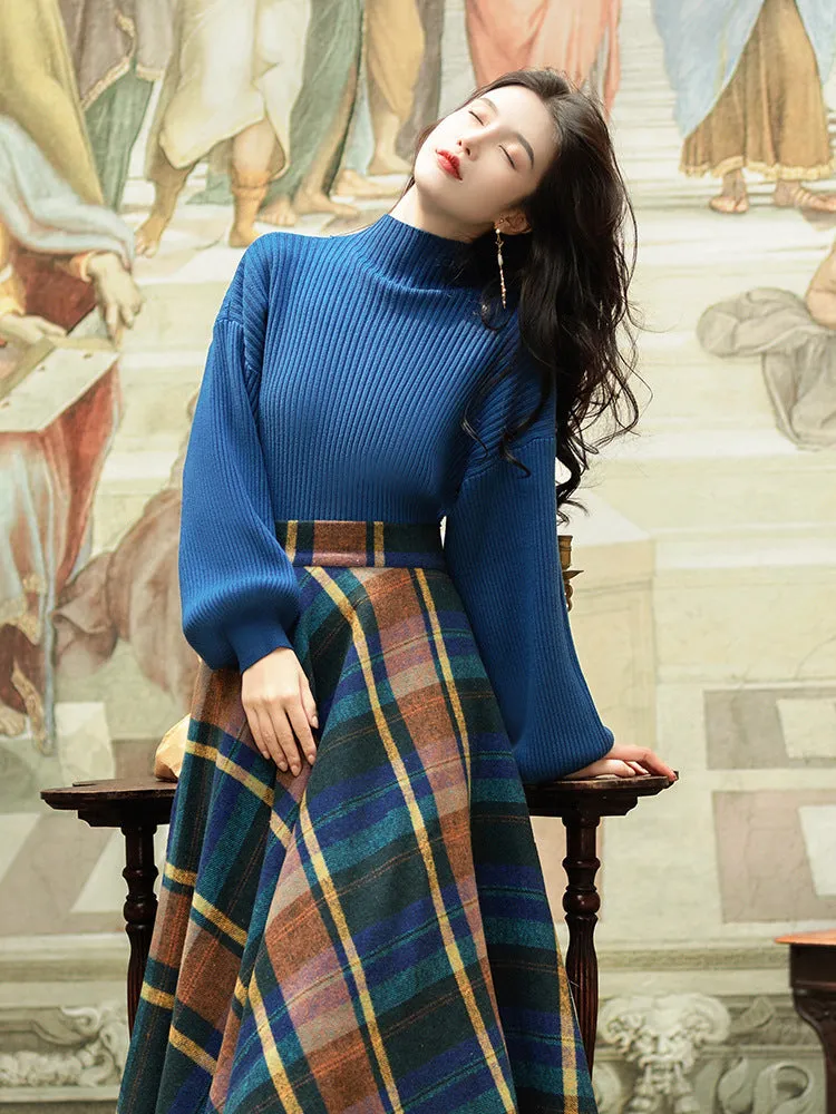 Women's Retro Elegant Blue Turtleneck Knit Sweater and Plaid Swing Skirt Outfit Set