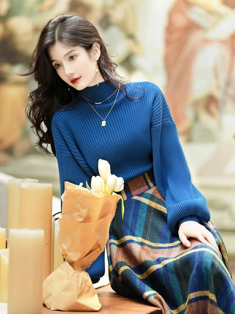 Women's Retro Elegant Blue Turtleneck Knit Sweater and Plaid Swing Skirt Outfit Set