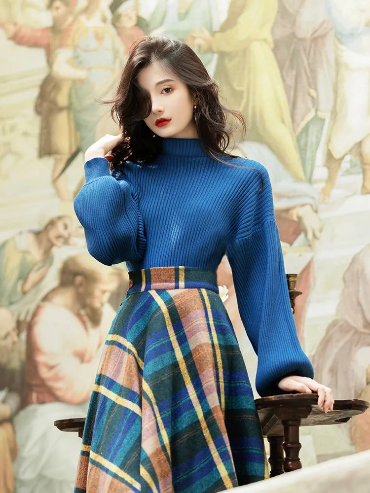 Women's Retro Elegant Blue Turtleneck Knit Sweater and Plaid Swing Skirt Outfit Set