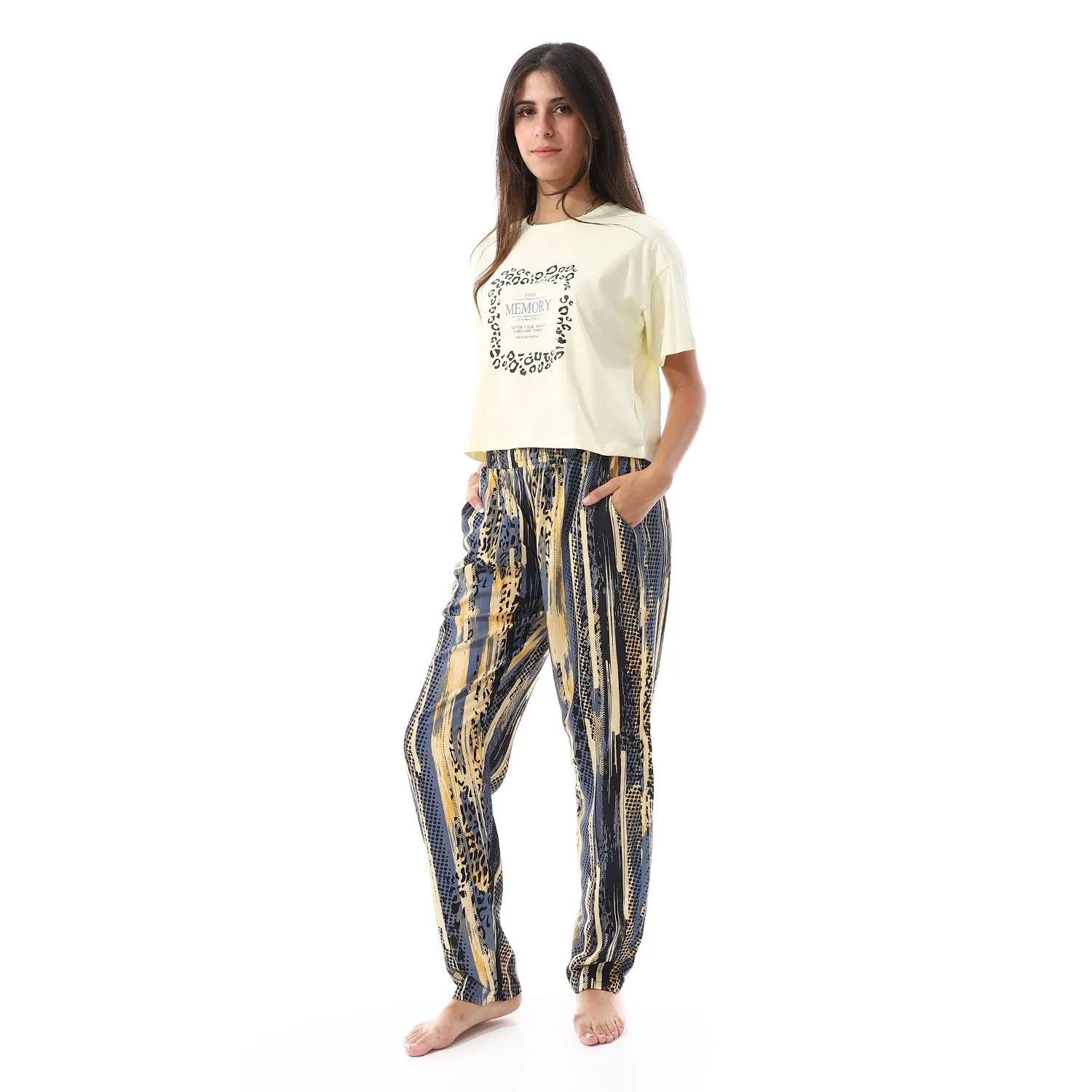 Women's Summer Pajamas Crop Shirt & Pants - Yellow