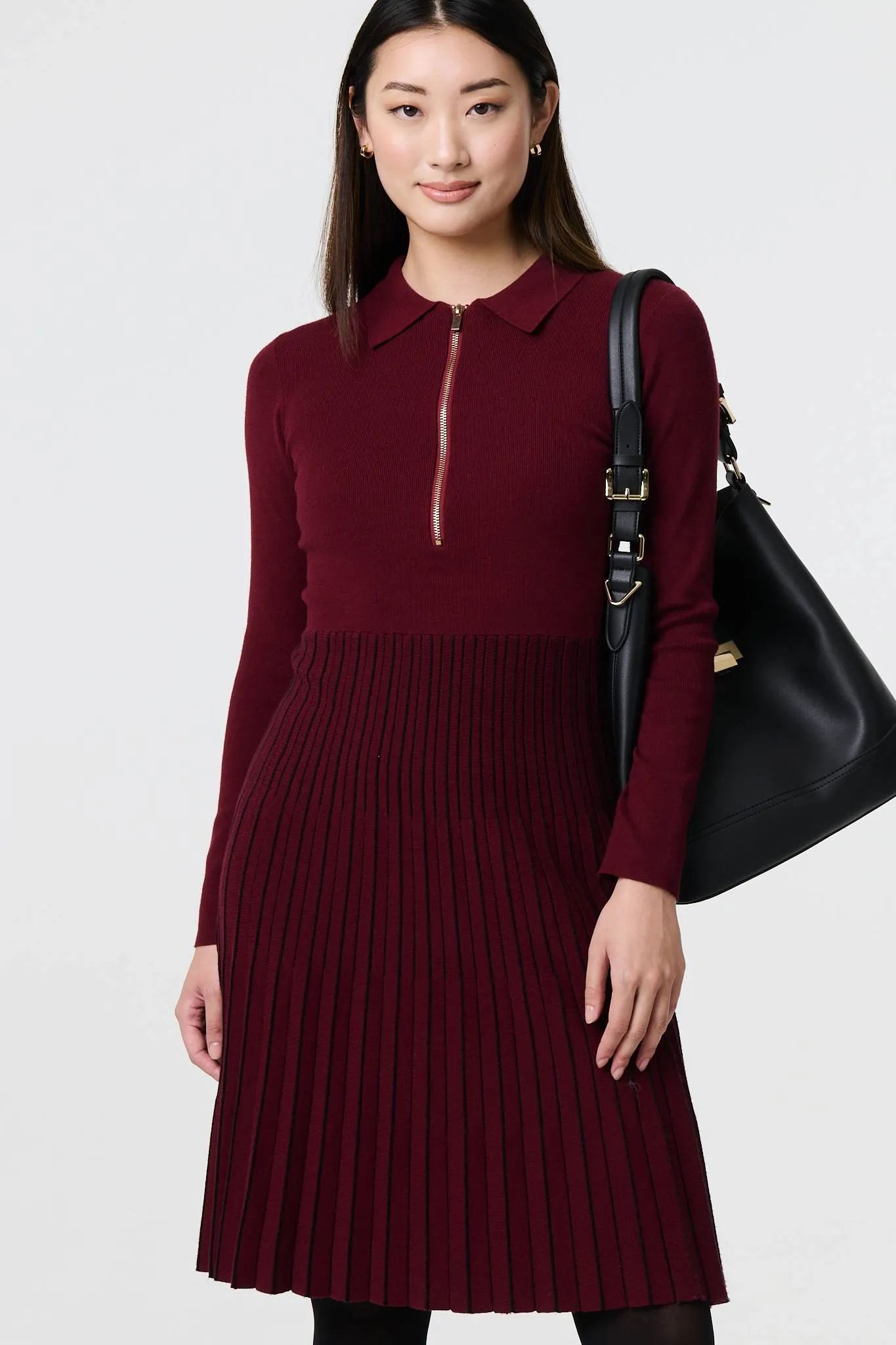 Zip Collar Pleated Knit Midi Dress